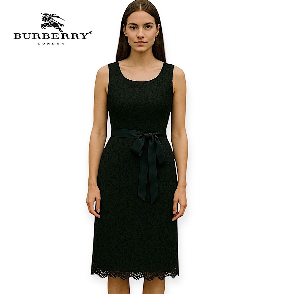 BURBERRY London Black Lace Dress Sleeveless Tie Belt Knee Length Cocktail Size 2